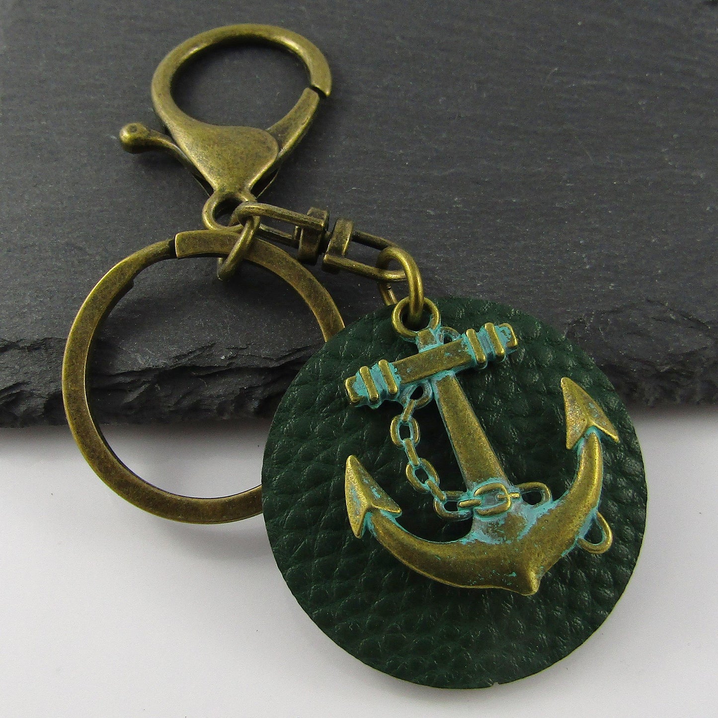 PU Leather Tag Ships Anchor Keychain Keyring Antique Bronze Green Patina 98mm