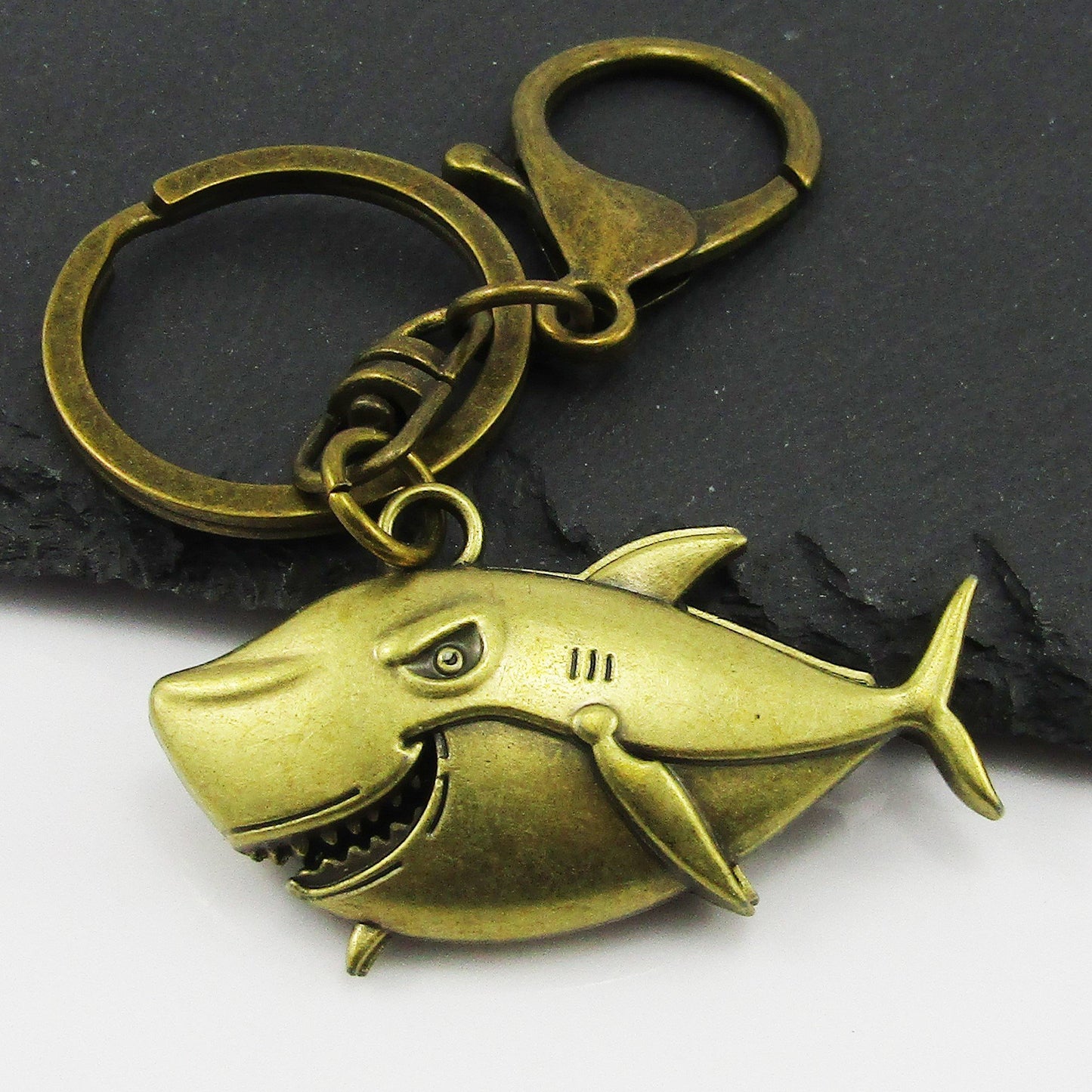 3D Shark Keychain Keyring Antique Bronze 87mm
