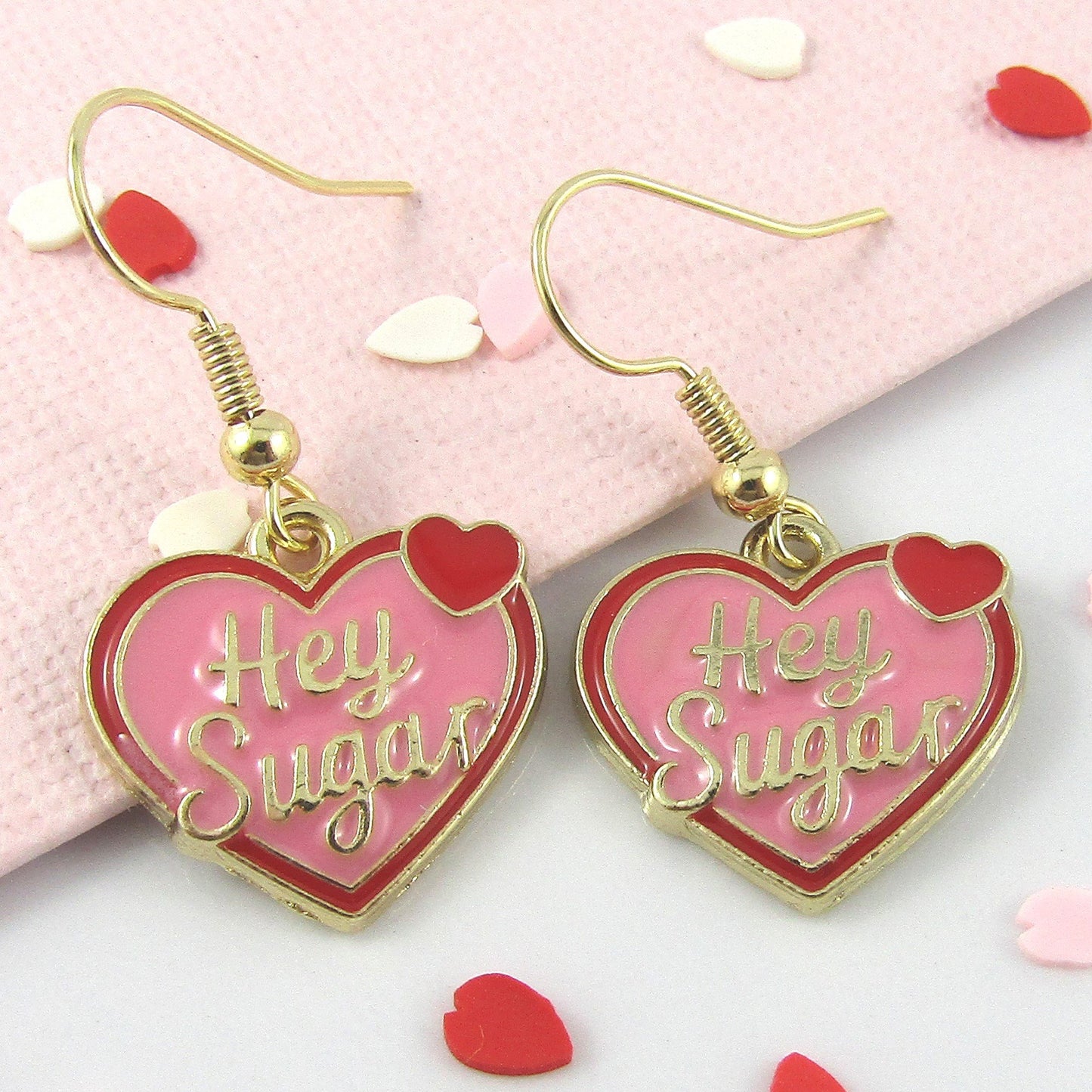 Enamel Valentine Hey Sugar Heart Charm Hook Earrings Brass Hooks 34mm