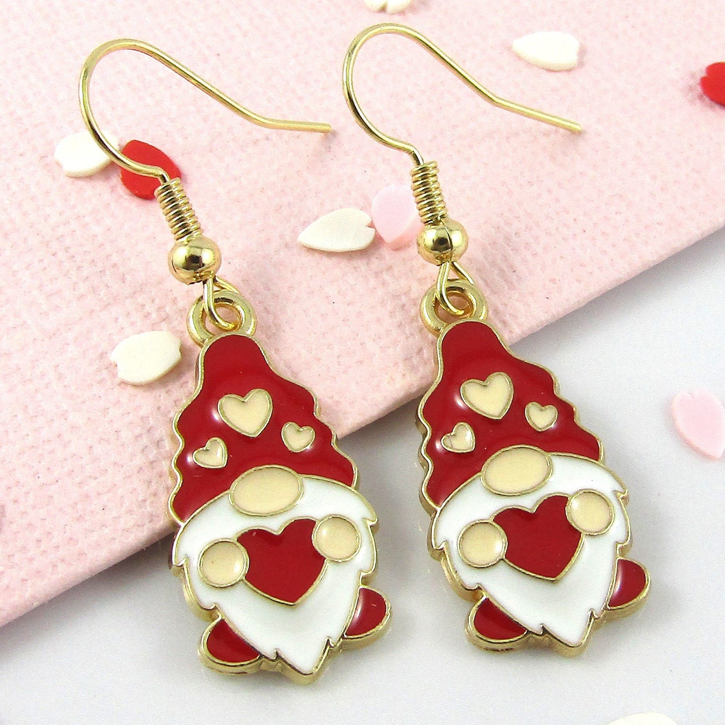 Enamel Valentine Gnome Charm Hook Earrings Brass Hooks 40mm