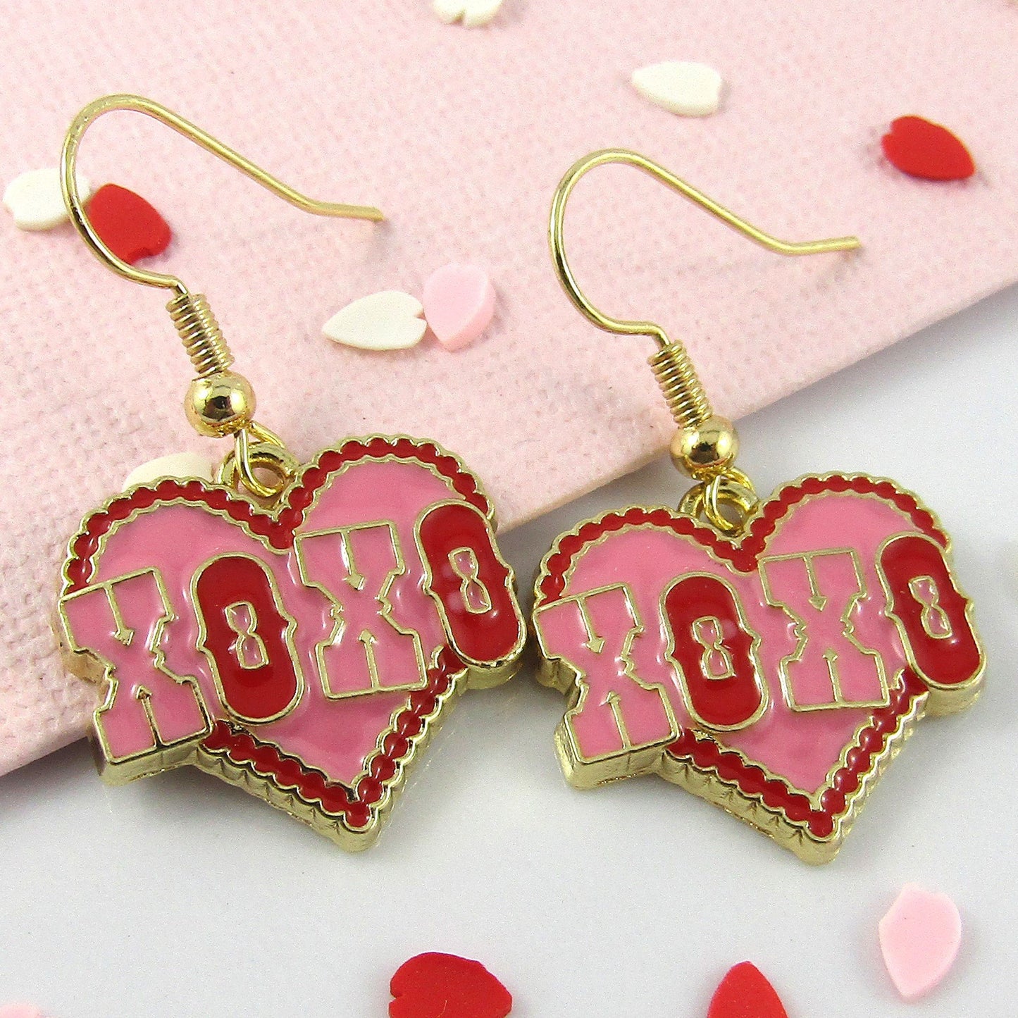 Enamel Valentine XOXO Heart Charm Hook Earrings Brass Hooks 35mm