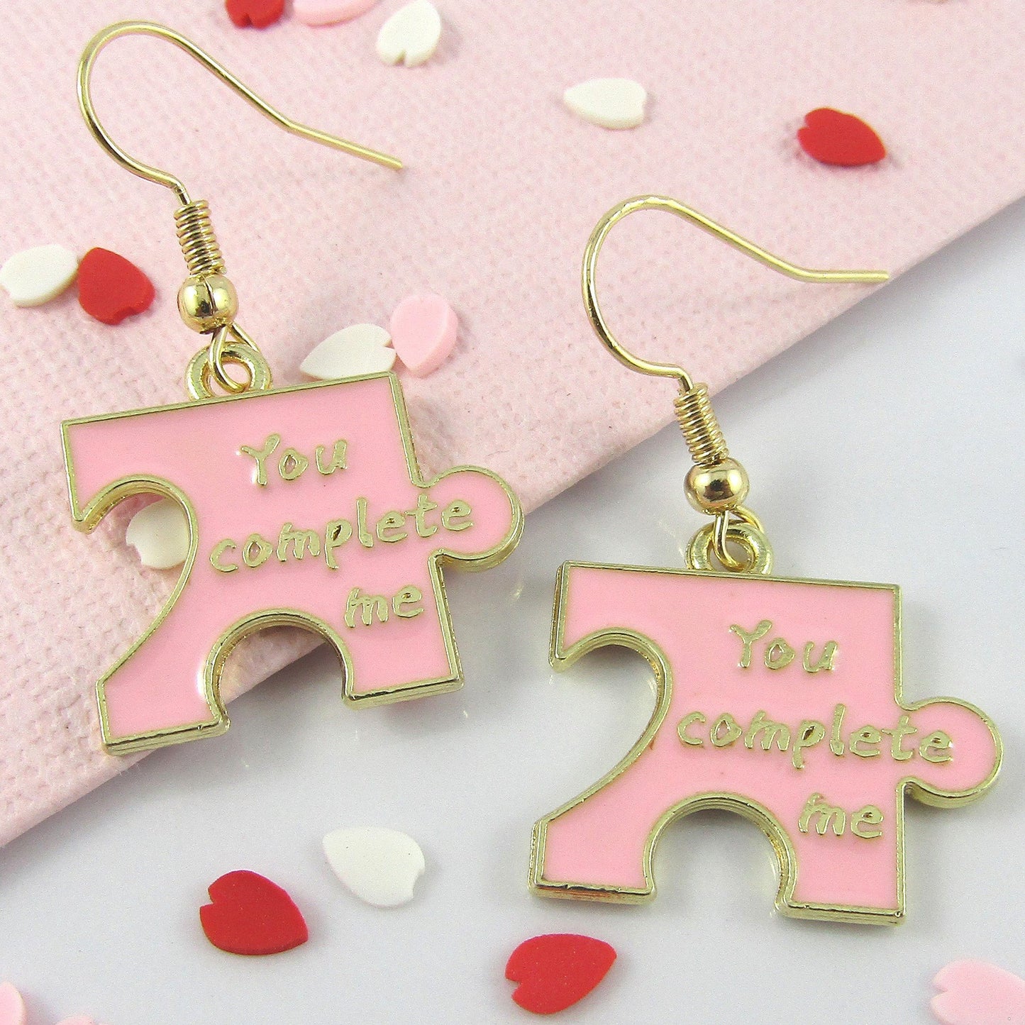 Enamel Valentine Puzzle You Complete Me Charm Hook Earrings Brass Hooks 35mm