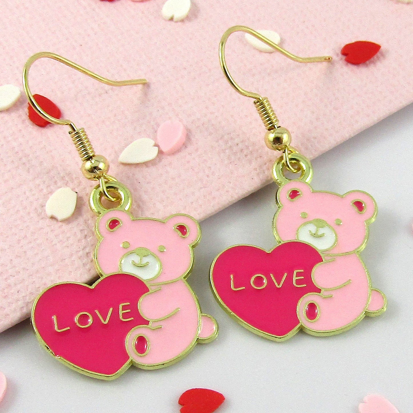 Enamel Valentine Love Heart Teddy Bear Charm Hook Earrings Brass Hooks 39mm