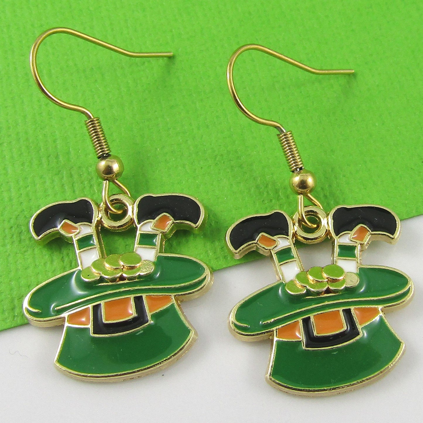 St Patricks Day Leprechaun Hat Charm Hook Earrings GP SS Hooks 37mm