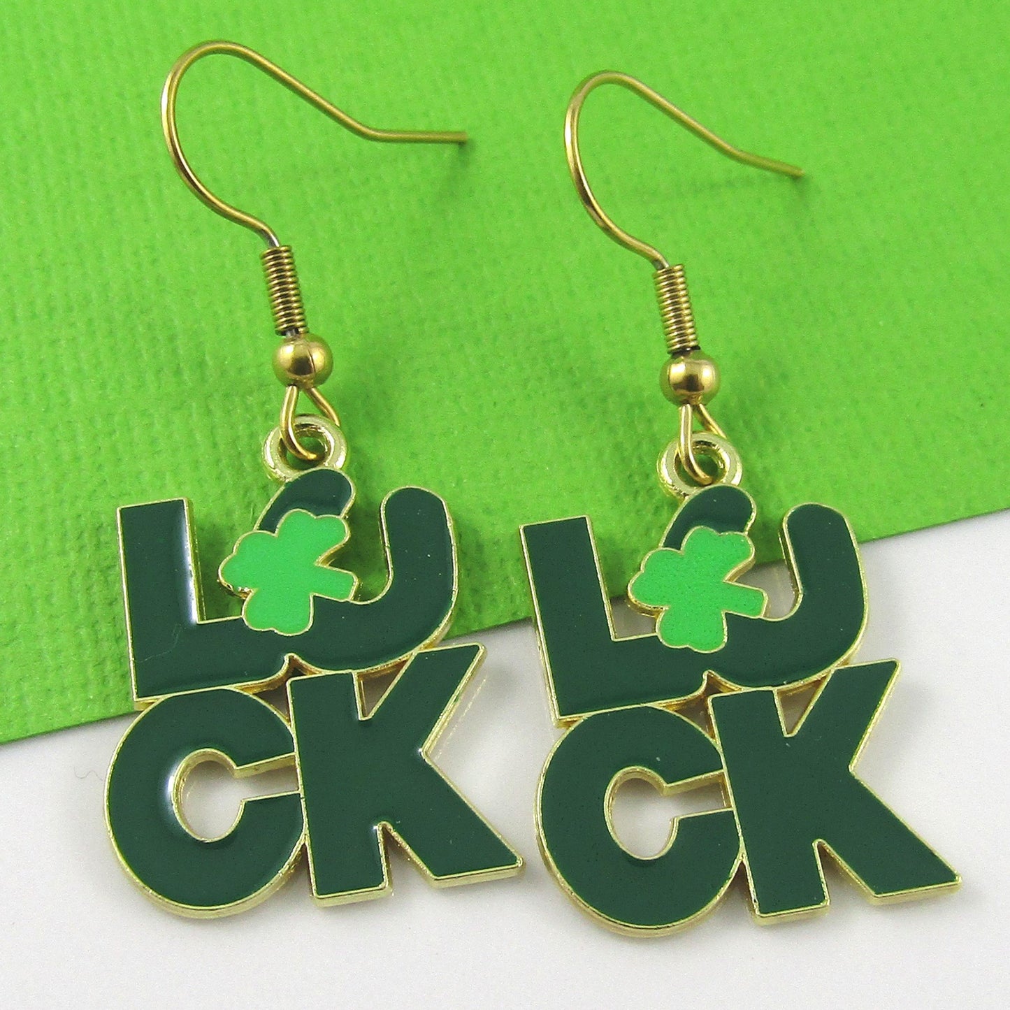 St Patricks Day Shamrock Luck Charm Hook Earrings GP SS Hooks 43mm