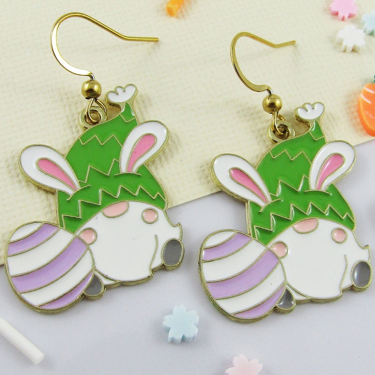 Easter Gnome Bunny Charm Hook Earrings GREEN GP SS Hooks 43mm