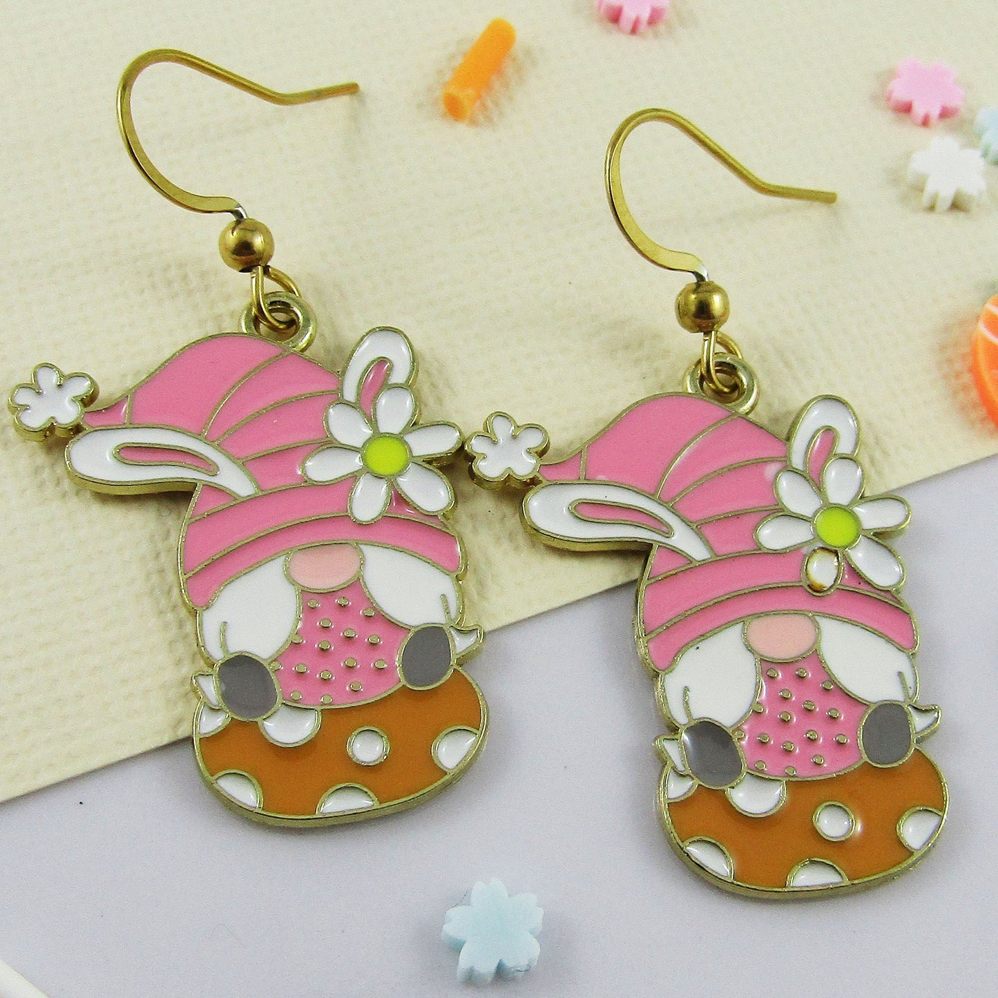 Easter Gnome Bunny Charm Hook Earrings PINK GP SS Hooks 43mm