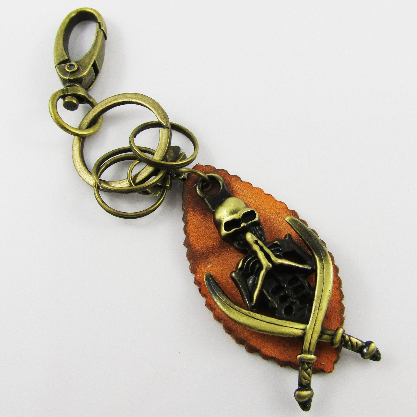 Skeleton Pirate Swords Keychain Keyring w/Lobster Clasp Alloy PU Leather 140mm
