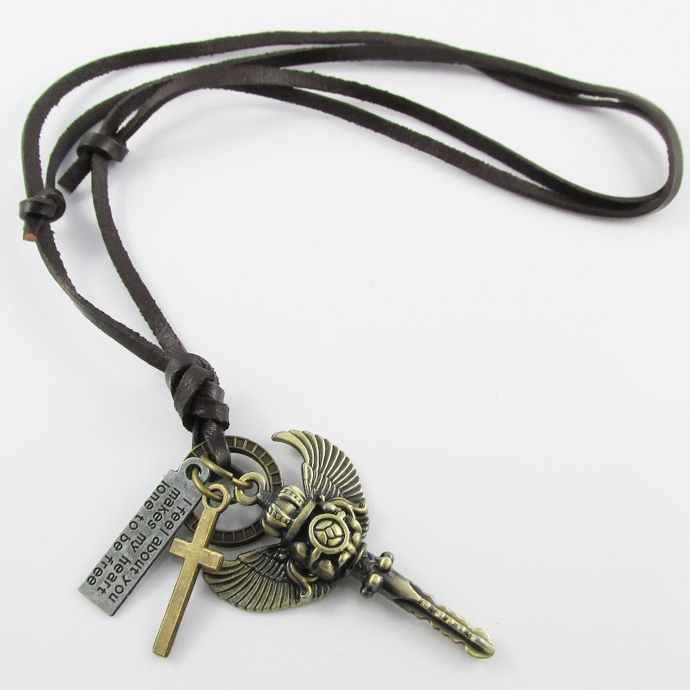 Unisex Adjustable Leather Sceptre Cross Charm Necklace 38-70cm