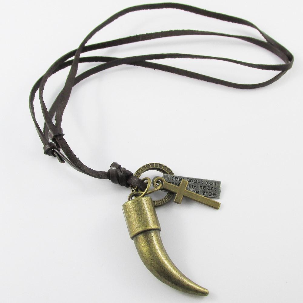 Unisex Adjustable Leather Ox Horn Cross Charm Necklace 38-70cm
