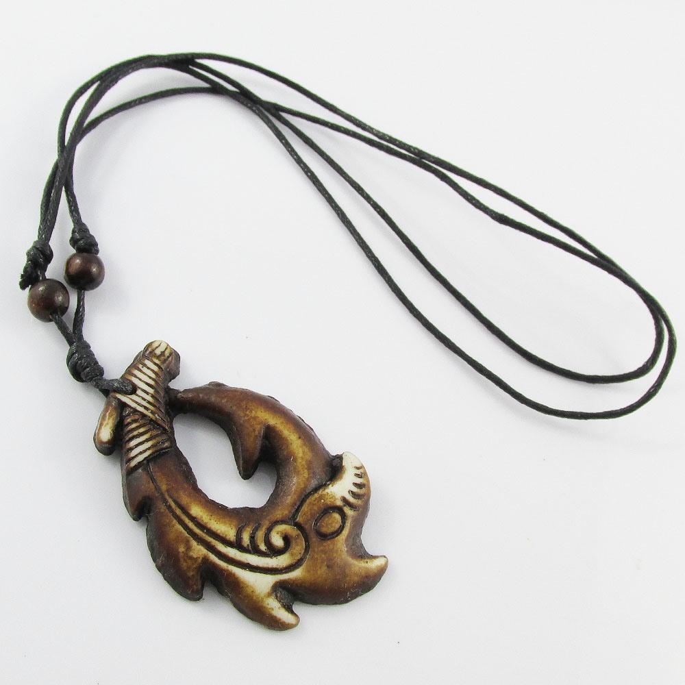 Maori Style Adjustable Cord Resin Carved Fish Hook Charm Necklace 48-88cm