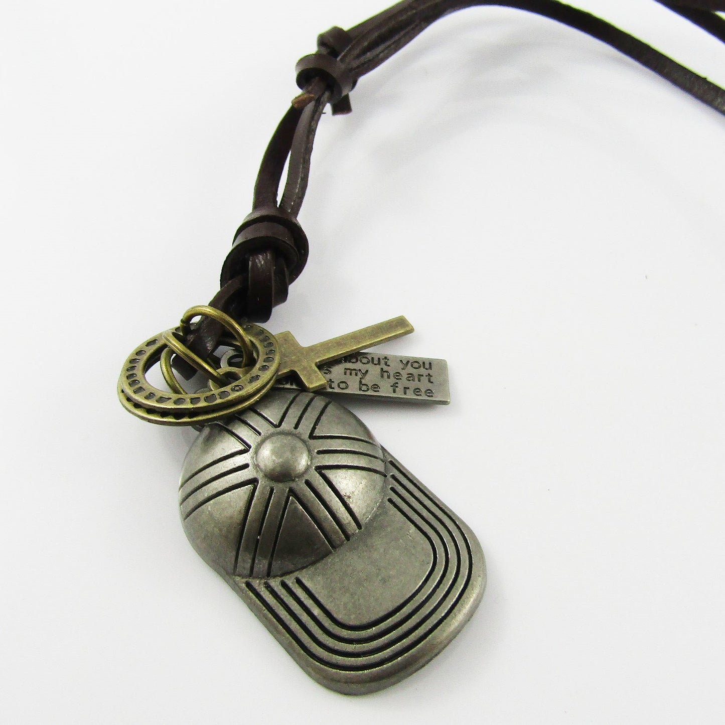 Unisex Adjustable Leather Baseball Cap Cross Charm Necklace 38-70cm