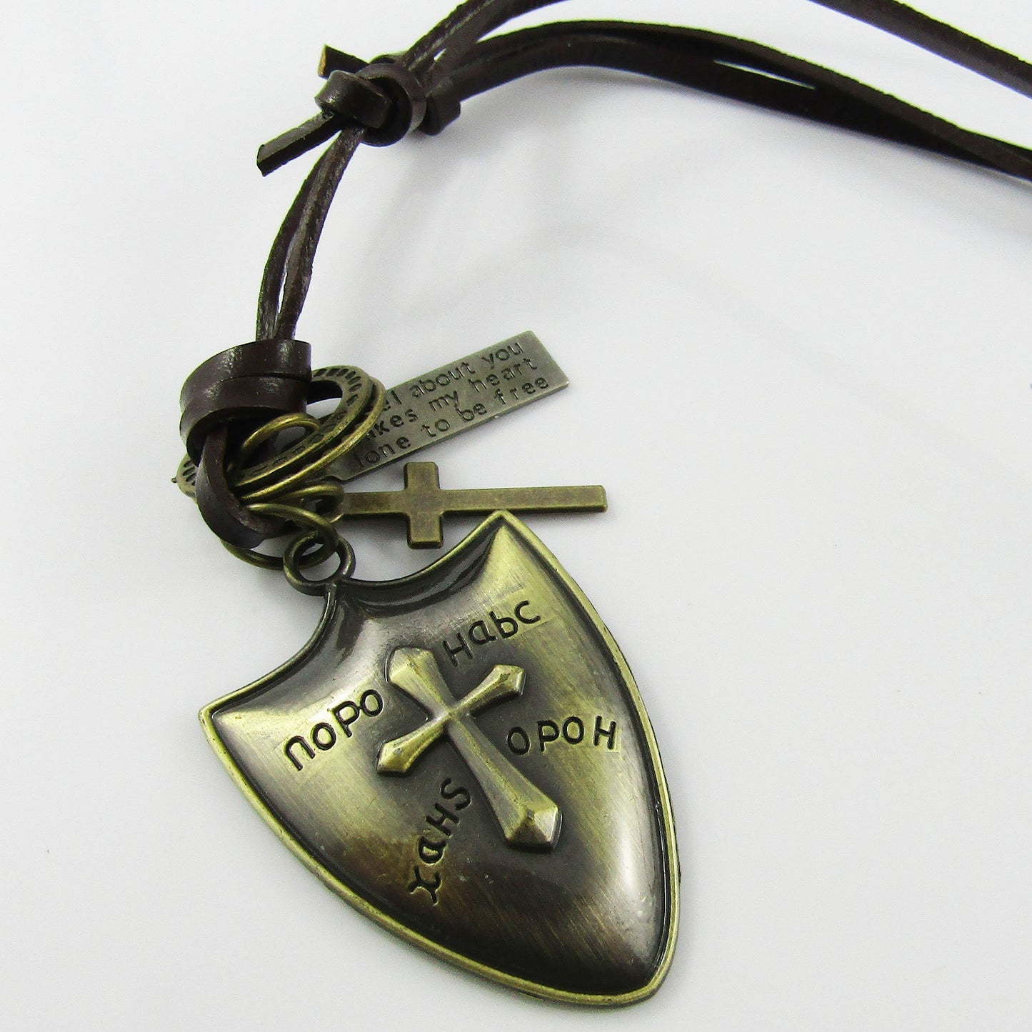 Unisex Adjustable Leather Knight's Shield Cross Charm Necklace 38-70cm