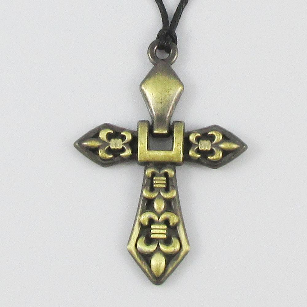 Antique Bronze Religious Cross Charm Necklace Black Cord Adjustable 40-70cm