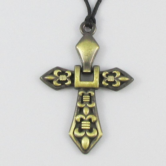 Antique Bronze Religious Cross Charm Necklace Black Cord Adjustable 40-70cm