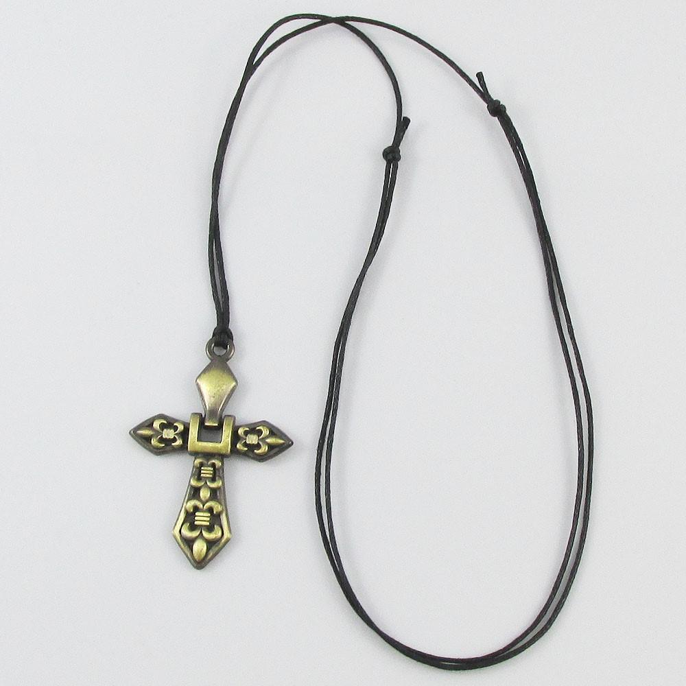 Antique Bronze Religious Cross Charm Necklace Black Cord Adjustable 40-70cm