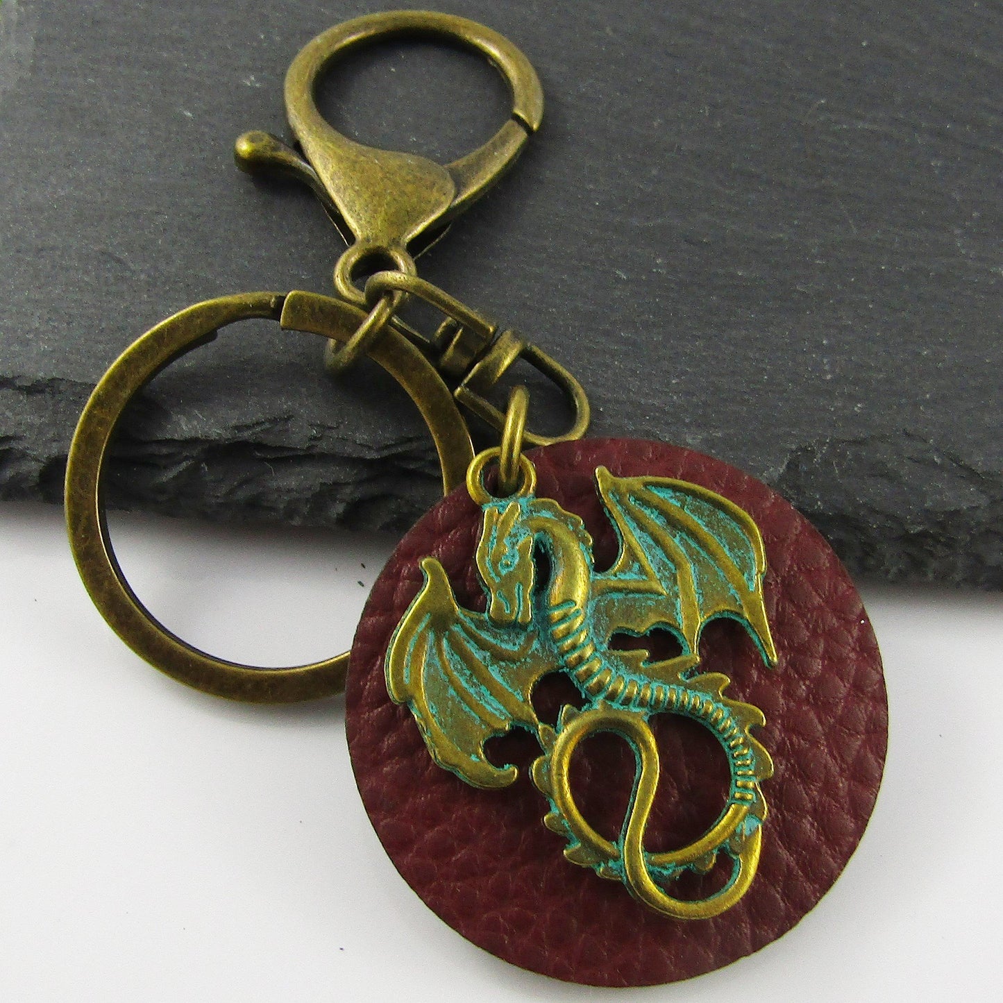 PU Leather Tag Mythical Dragon Keychain Keyring Antique Bronze Green Patina 98mm