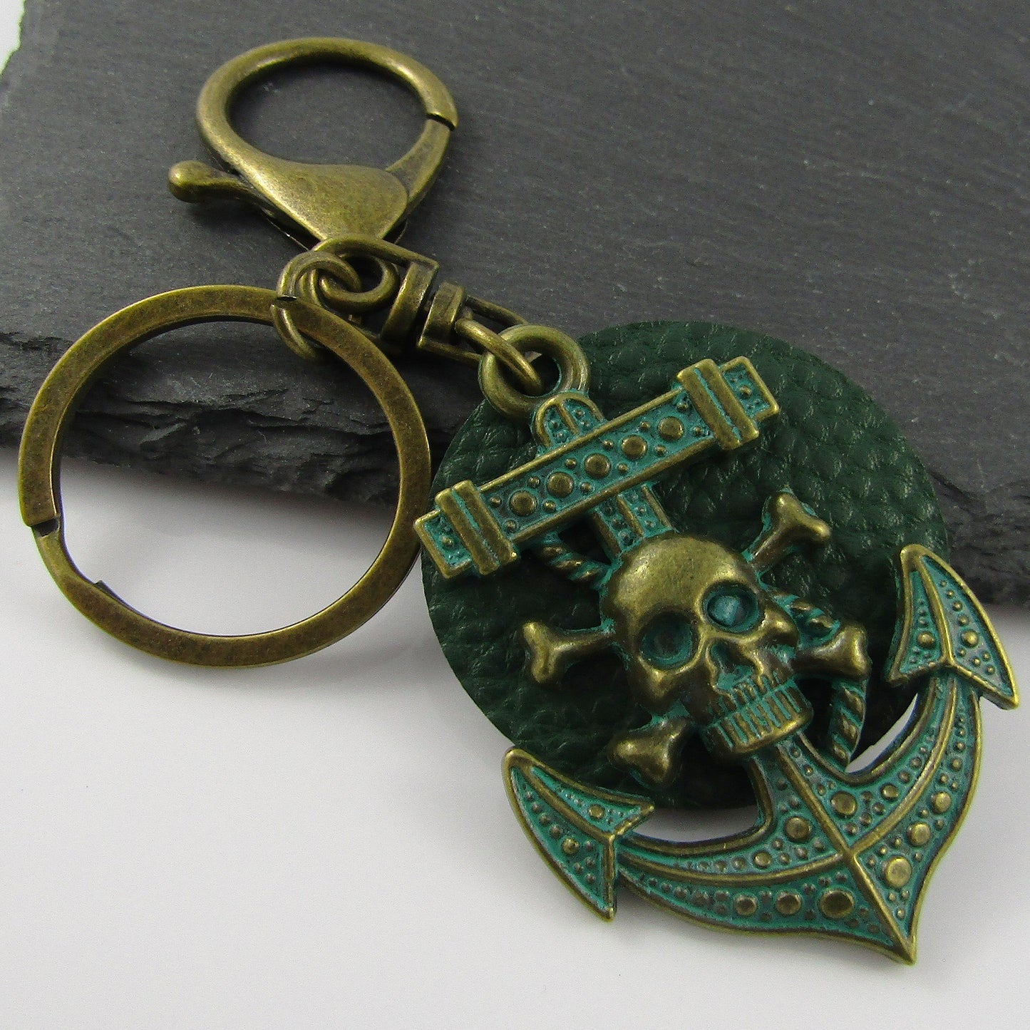 PU Tag Pirate Skull Anchor Keychain Keyring Antique Bronze Green Patina 113mm