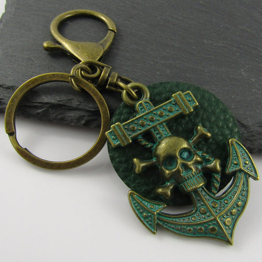 PU Tag Pirate Skull Anchor Keychain Keyring Antique Bronze Green Patina 113mm