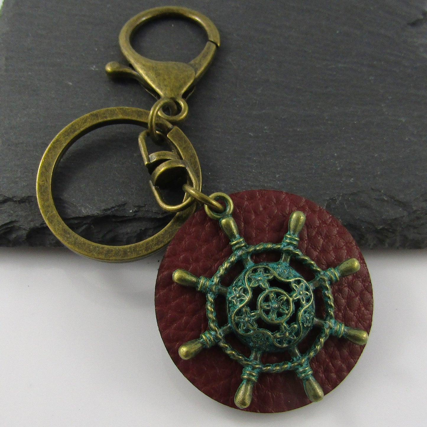 PU Leather Tag Ships Helm Keychain Keyring Antique Bronze Green Patina 98mm