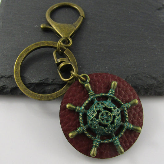 PU Leather Tag Ships Helm Keychain Keyring Antique Bronze Green Patina 98mm