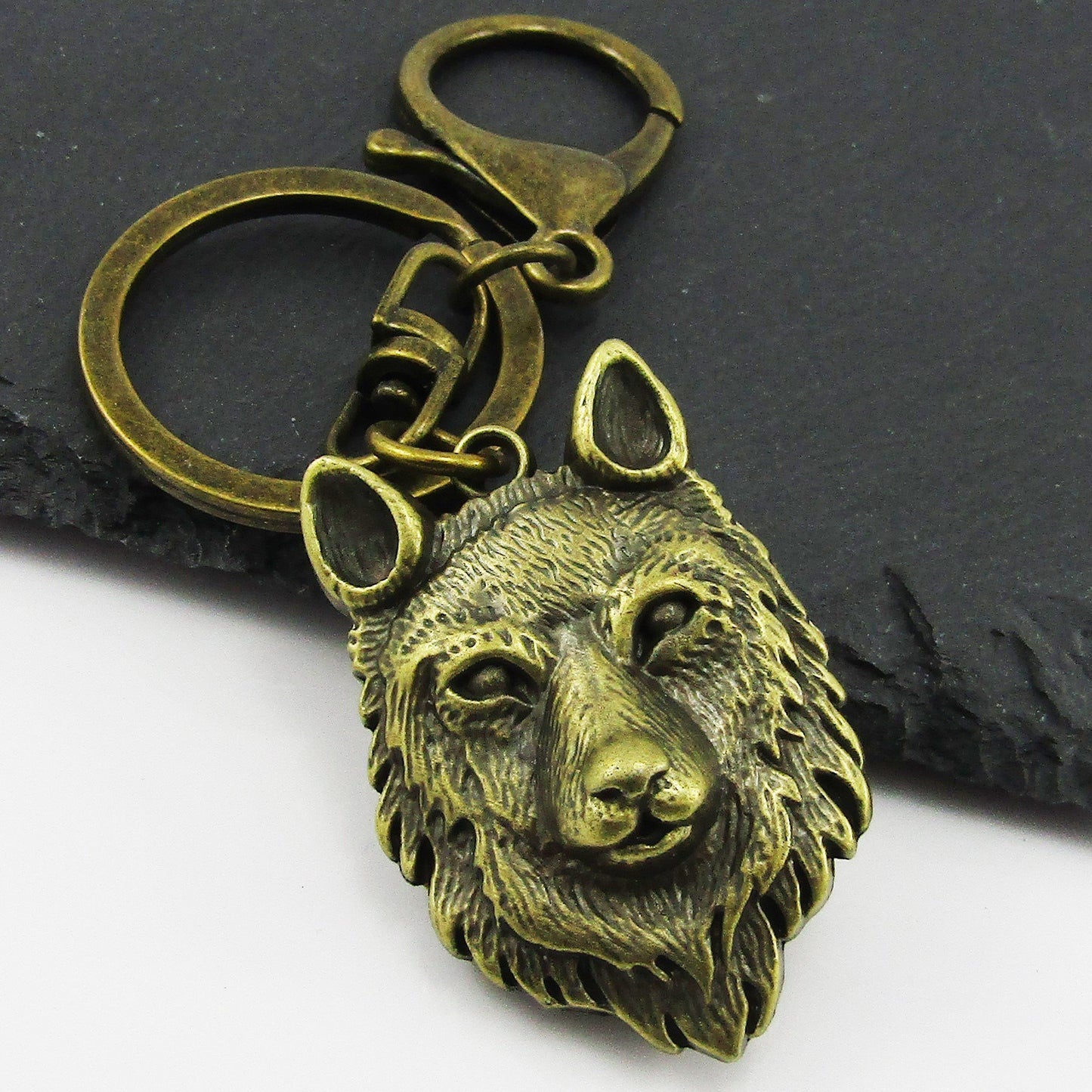 3D Wolf Head Keychain Keyring Antique Bronze 100mm