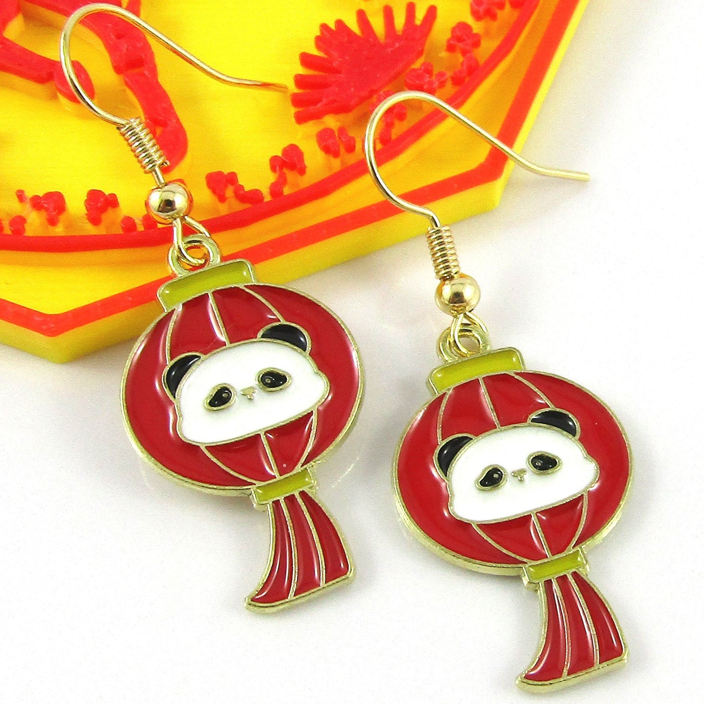 Enamel Chinese Lantern Panda Charm Hook Earrings Brass Hooks 50mm