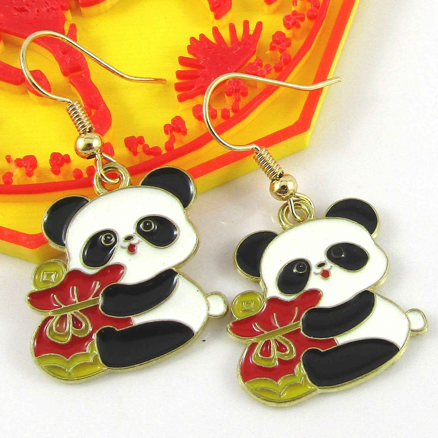 Enamel Chinese Money Bag Panda Charm Hook Earrings Brass Hooks 40mm