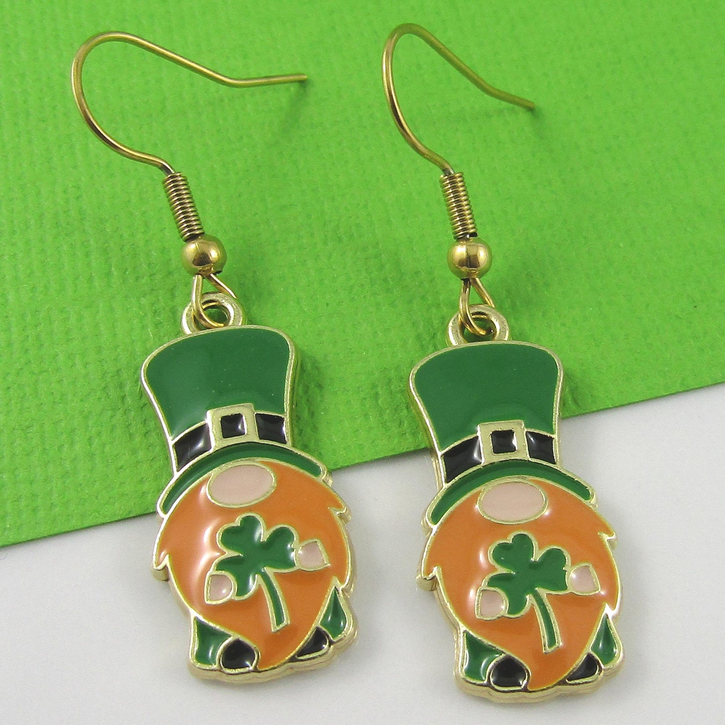 St Patricks Shamrock Gnome Charm Hook Earrings GP SS Hooks 43mm