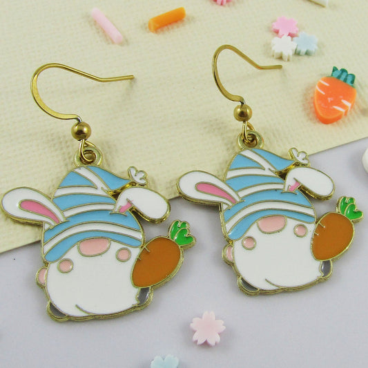 Easter Gnome Bunny Charm Hook Earrings BLUE GP SS Hooks 40mm