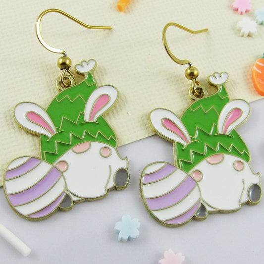 Easter Gnome Bunny Charm Hook Earrings GREEN GP SS Hooks 43mm