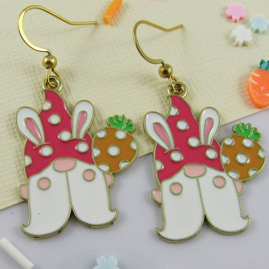 Easter Gnome Bunny Charm Hook Earrings HOT PINK GP SS Hooks 45mm