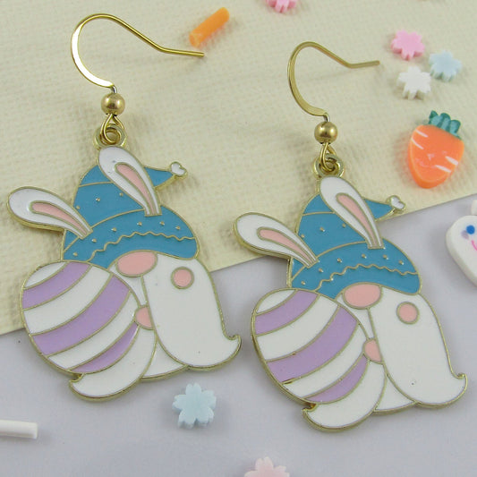 Easter Bunny Gnome Charm Hook Earrings GP SS Hooks 47mm