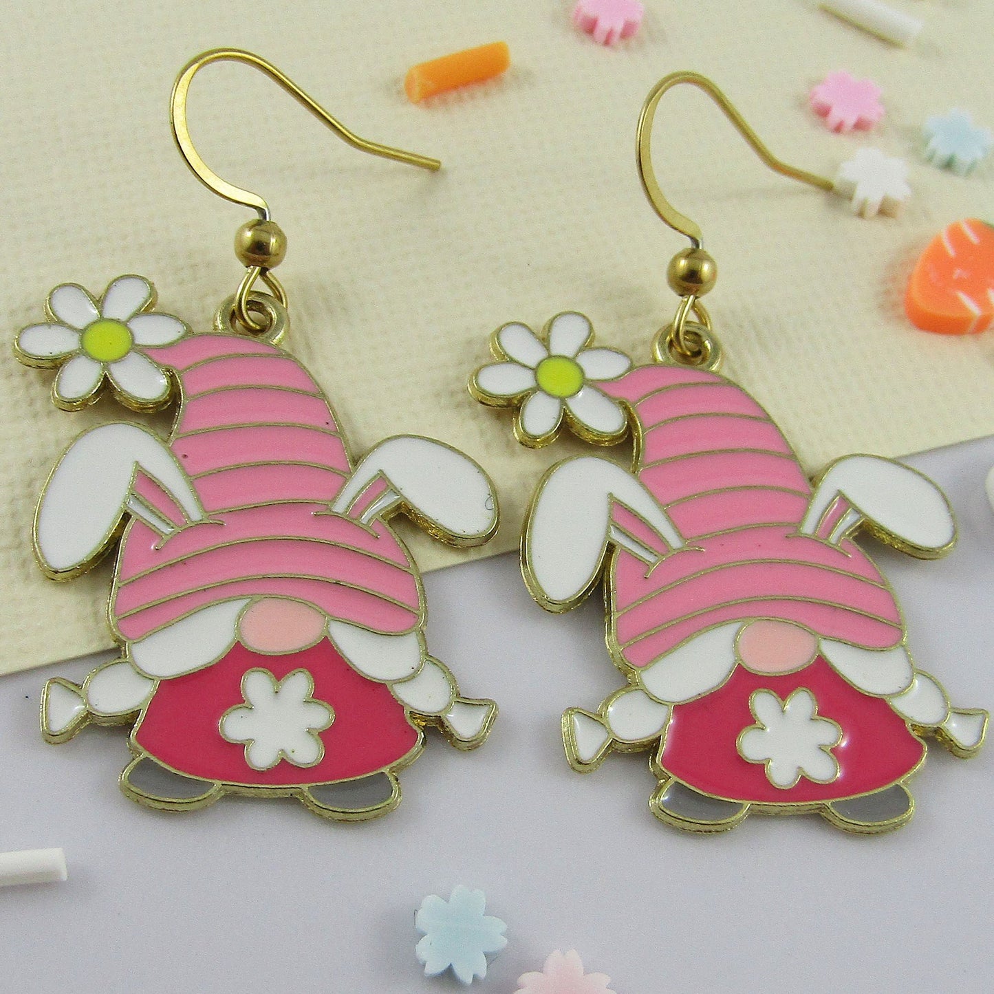 Easter Bunny Gnomette Charm Hook Earrings GP SS Hooks 44mm