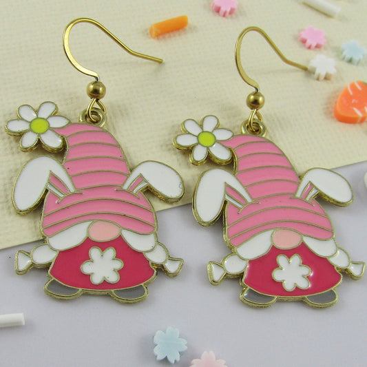 Easter Bunny Gnomette Charm Hook Earrings GP SS Hooks 44mm
