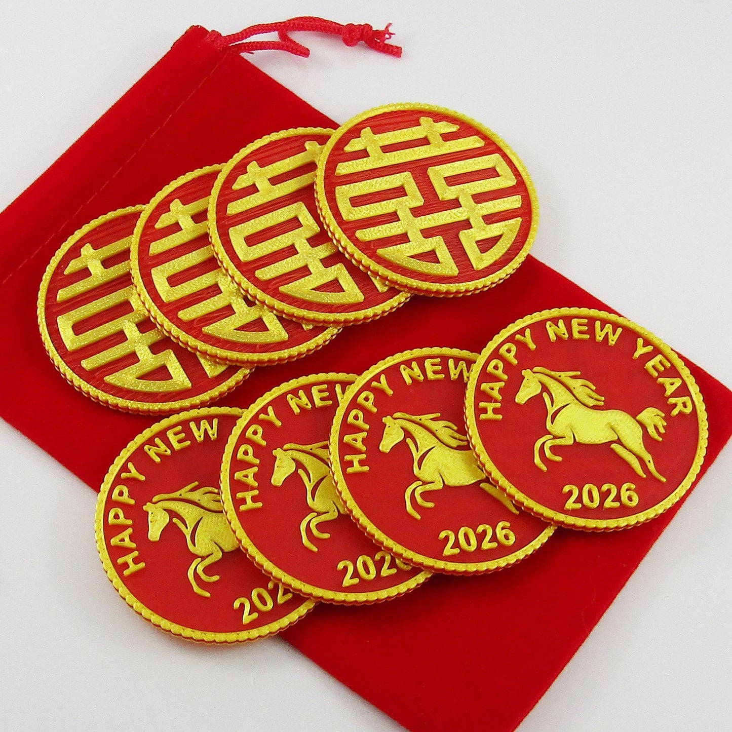 Chinese New Year of the Horse Double Happiness Coin, Set of 8 with velvet pouch