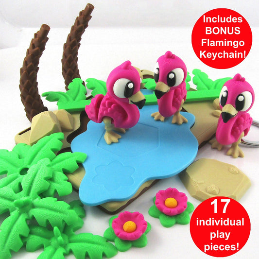 Flamingo Pink Lagoon Playset – Cute Mini Tropical Scene + Flamingo Keychain