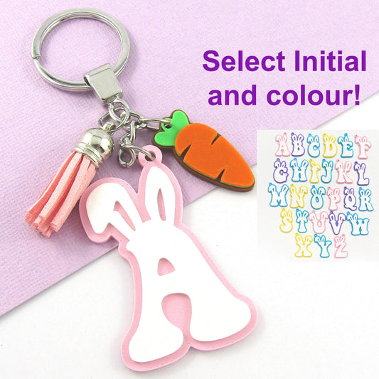 Bunny Ears Initial Charm Keychain with Easter Carrot & Tassel Select Initial