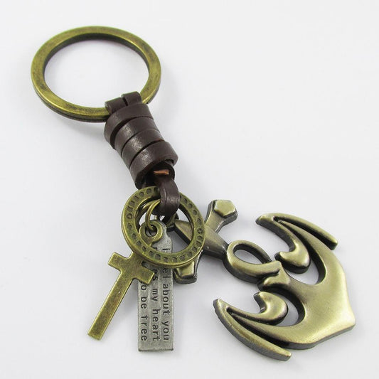 Anchor Keychain Keyring Bronze Leather 114mm