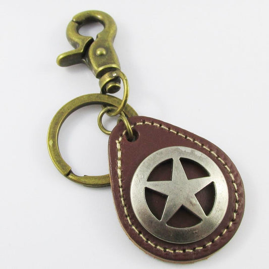 PU Leather Tag Sherriff Star Badge Keychain Keyring Antique Bronze 115mm
