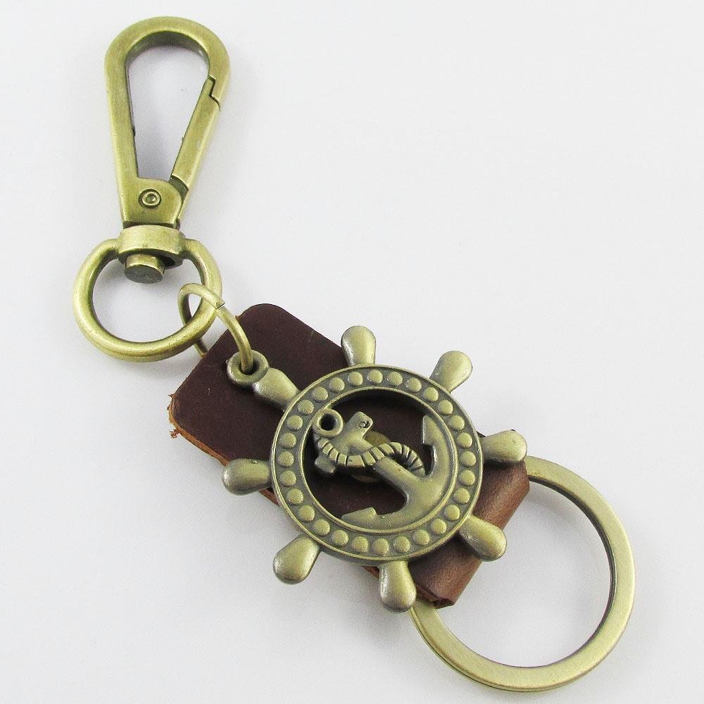 Leather Tag Ships Anchor Helm Keychain Keyring Belt Loop Clasp 140mm