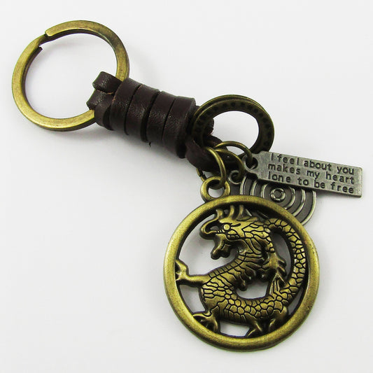 Chinese Dragon Keychain Keyring Key Clasp Alloy PU Leather 99mm