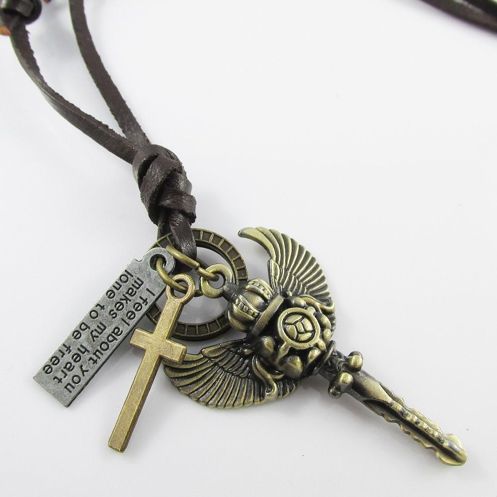 Unisex Adjustable Leather Sceptre Cross Charm Necklace 38-70cm