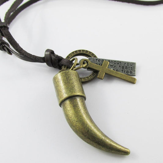 Unisex Adjustable Leather Ox Horn Cross Charm Necklace 38-70cm
