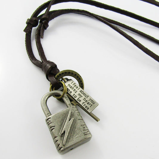 Unisex Adjustable Leather Lightning Padlock Cross Charm Necklace 38-70cm