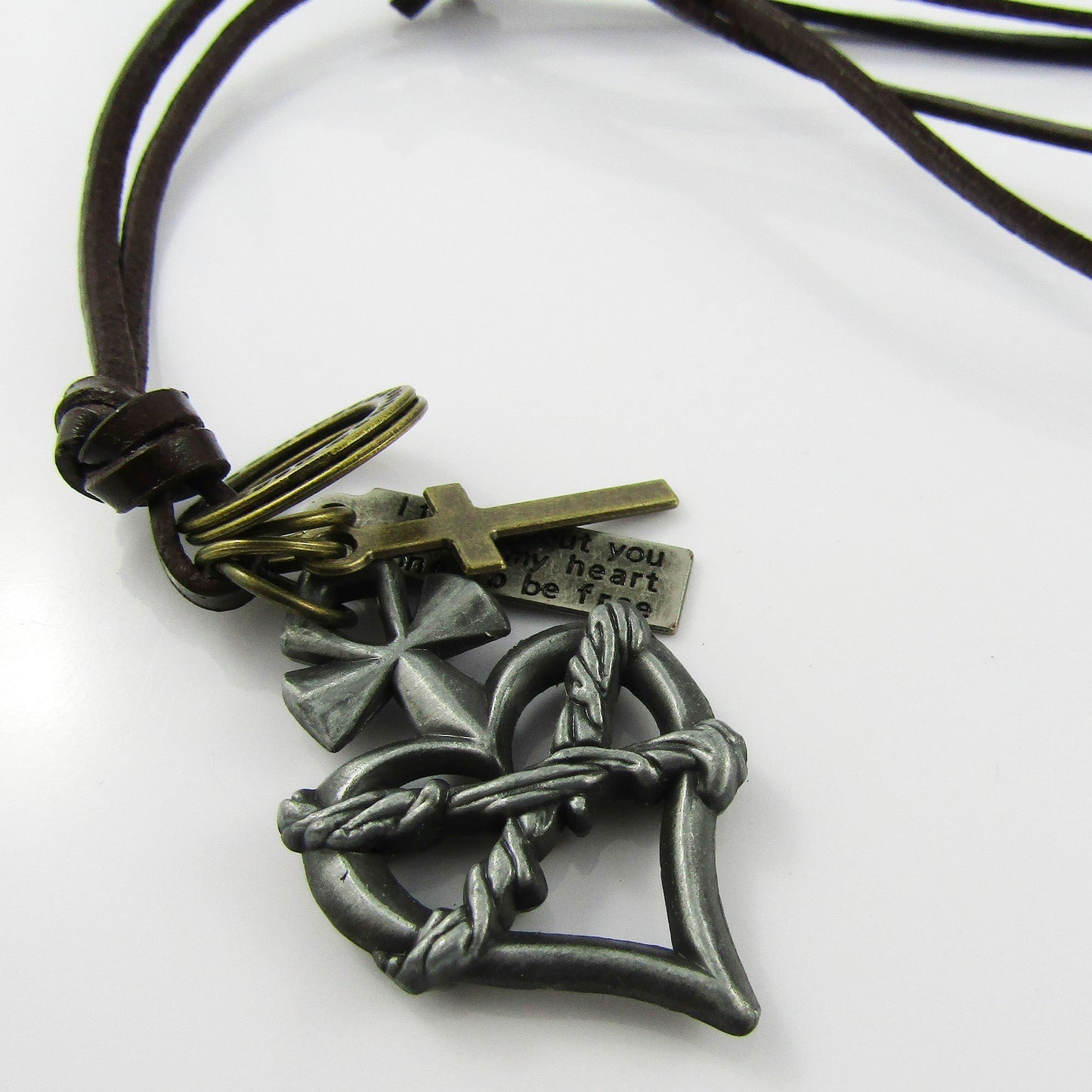 Unisex Adjustable Leather Bound Heart Cross Charm Necklace 38-70cm