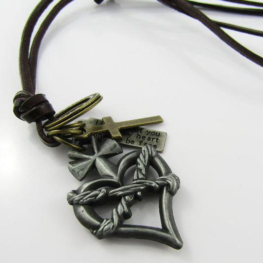Unisex Adjustable Leather Bound Heart Cross Charm Necklace 38-70cm