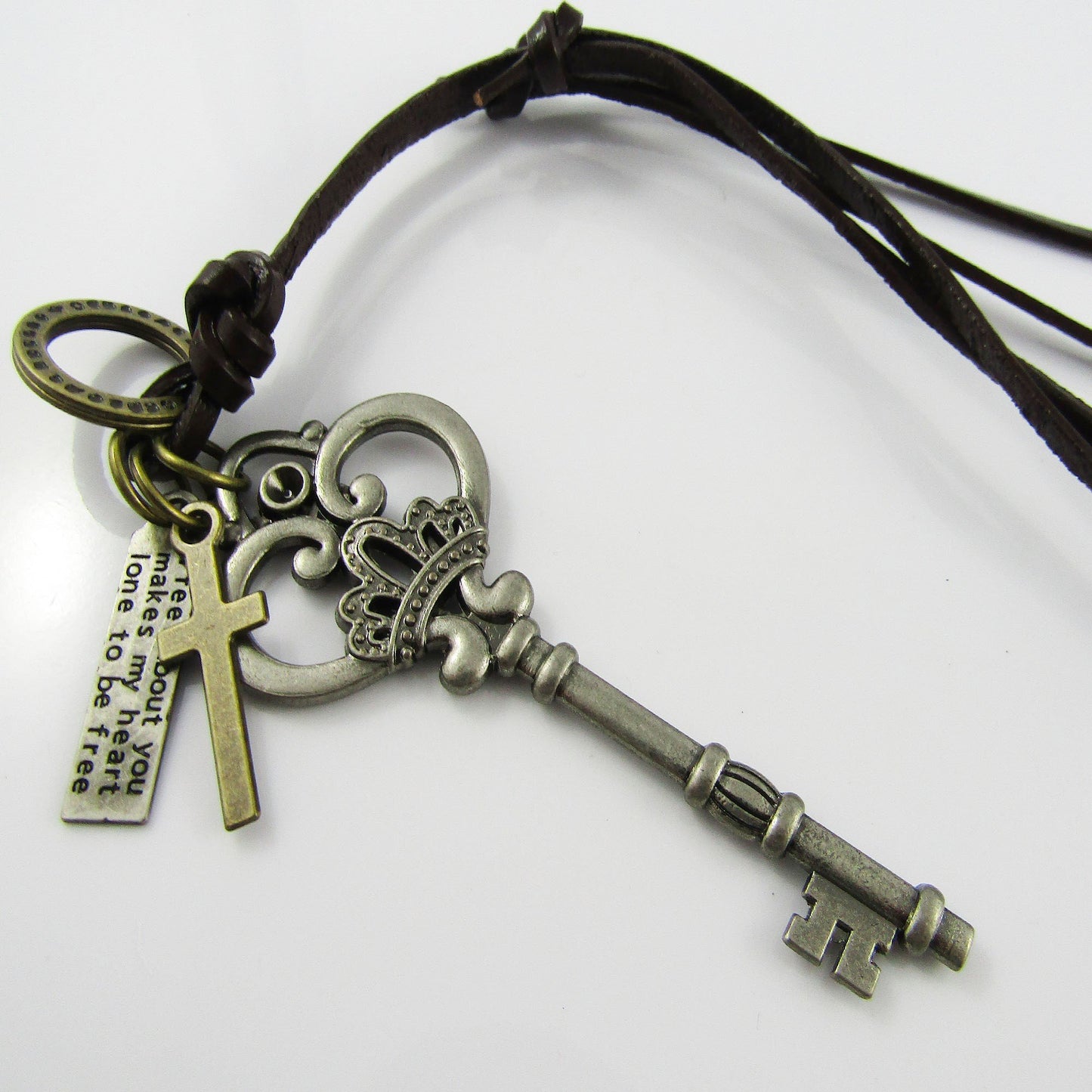 Unisex Adjustable Leather Royal Key Cross Charm Necklace 38-70cm