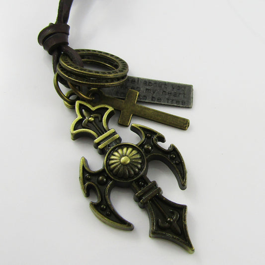 Unisex Adjustable Leather Cross Charm Necklace 38-70cm