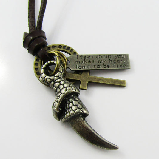 Unisex Adjustable Leather Talon Cross Charm Necklace 38-70cm